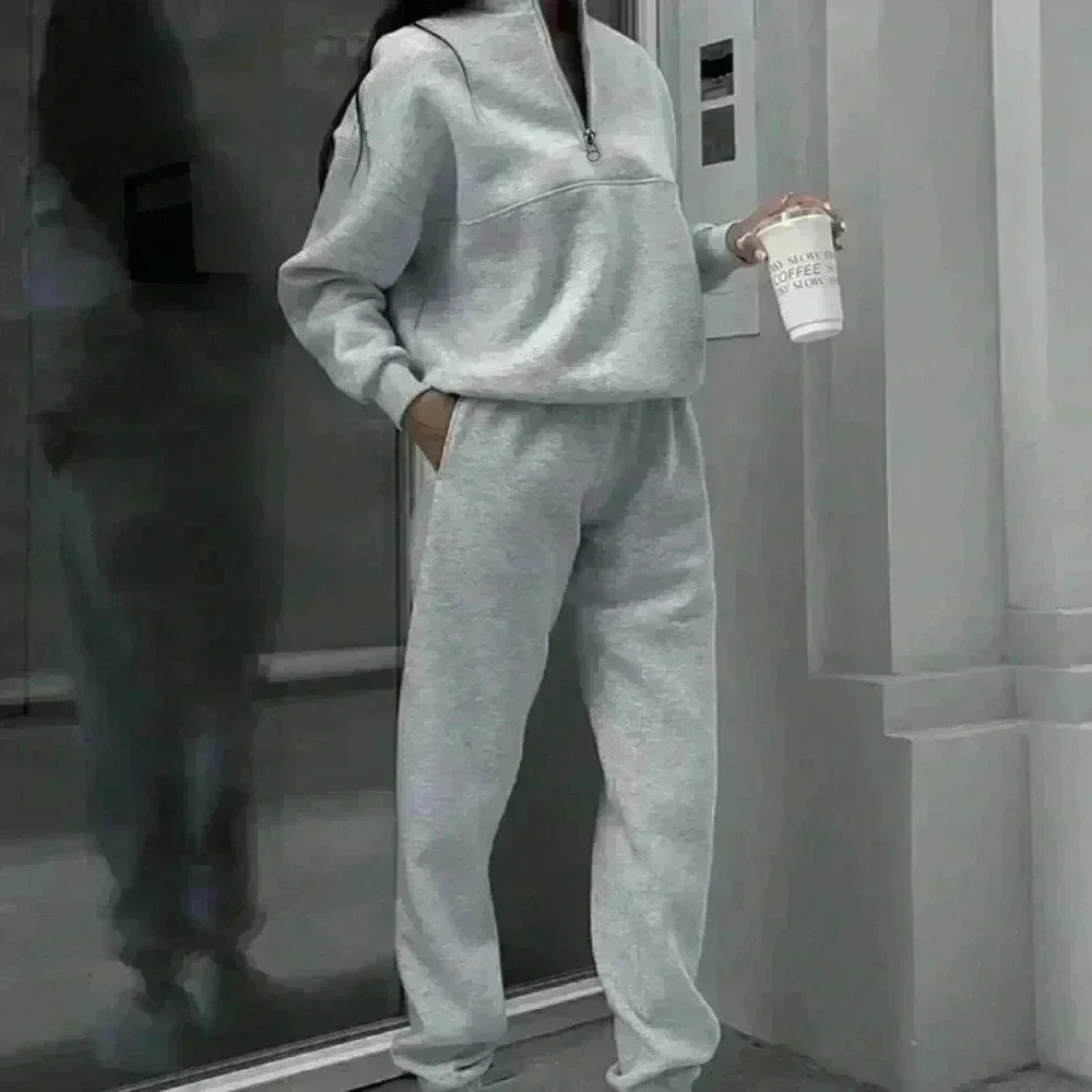 Grey Casual Women's Half Zipper Hoodie And Jogger Pants Two Piece Set